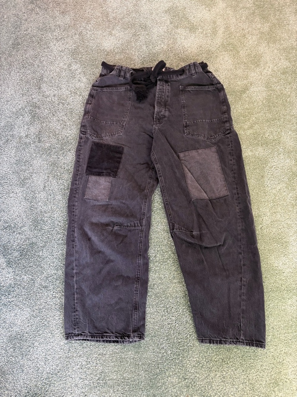 We The Free Washed Black Patchwork Wide-Leg Jeans with Drawstring